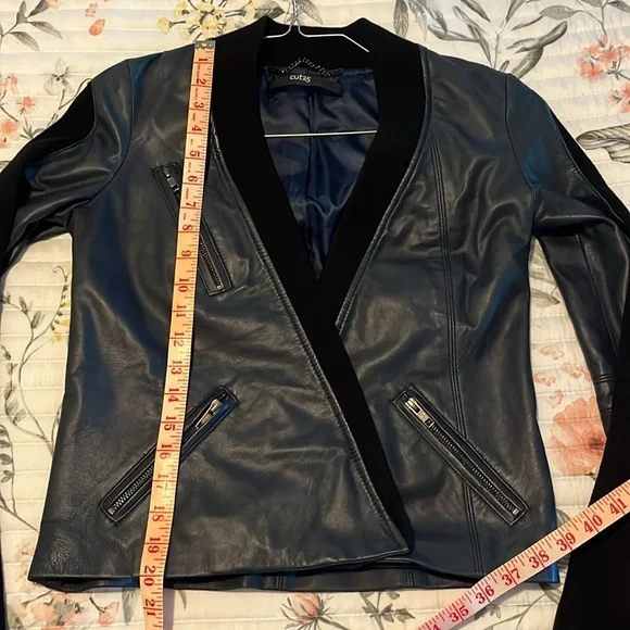 NWOT Cut 25 by Yigal Azuroeul blue leather jacket ribbed sleeves - Picture 15 of 16